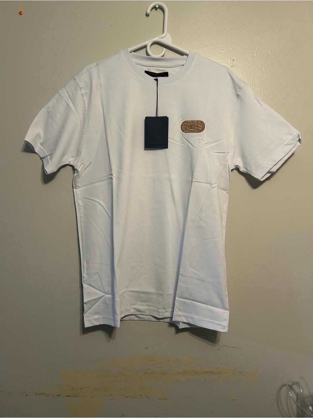 Louis Vuitton White Short Sleeve Crewneck Tee with Tan Logo Patch